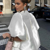 Women's Satin Blouse with Puff Sleeves and Round Neck