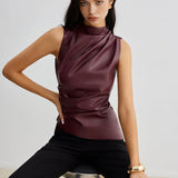Women's Sleeveless Top with Draped Front and High Neckline