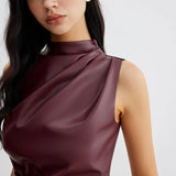 Women's Sleeveless Top with Draped Front and High Neckline