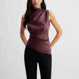 Women's Sleeveless Top with Draped Front and High Neckline